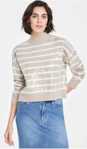 Macy’s — On 34th Women's Sequined Striped Mock-Neck Sweater- Holiday Party Fashion